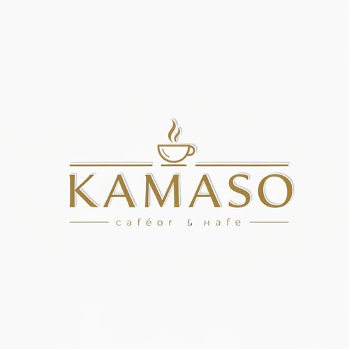 AI Design for Professional logo design for a café, brand name "KAMASO", elegant and modern style, white and gold color palette, clean minimalist design, subtle coffee-related elements incorporated (like steam or cup icon), luxurious and sophisticated feel, suitable for high-end café branding, crisp vector-style lines, white background, high-resolution, 3D subtle emboss effect, cinematic lighting, premium branding look
