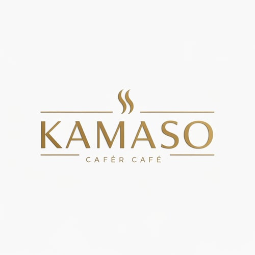 AI Design for Professional logo design for a café, brand name "KAMASO", elegant and modern style, white and gold color palette, clean minimalist design, subtle coffee-related elements incorporated (like steam or cup icon), luxurious and sophisticated feel, suitable for high-end café branding, crisp vector-style lines, white background, high-resolution, 3D subtle emboss effect, cinematic lighting, premium branding look