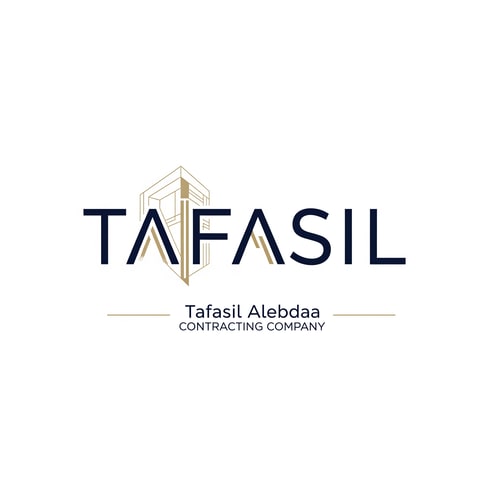 AI Design for Design a premium, minimal architectural logo on a pure white background.

Place the word “TAFASIL” clearly readable at the center, slightly smaller in size, with strong balance and refined proportions.
Use a clean, modern sans-serif typeface in deep navy blue.

Integrate one subtle architectural element only (a modern building silhouette or vertical façade lines) seamlessly into the logo—preferably replacing or merging with one letter (such as the “I” or at the end of the word).
The building element must be minimal, geometric, and elegant, using muted gold accents without overpowering the text.

Below the logo, center-aligned:

Tafasil Alebdaa in clean, refined typography

CONTRACTING COMPANY in smaller uppercase letters, with thin gold horizontal lines if needed

Overall style:
minimal, corporate, architecturally intelligent, balanced, timeless
Square format, high-end branding suitable for official use, uniforms, and company profiles.