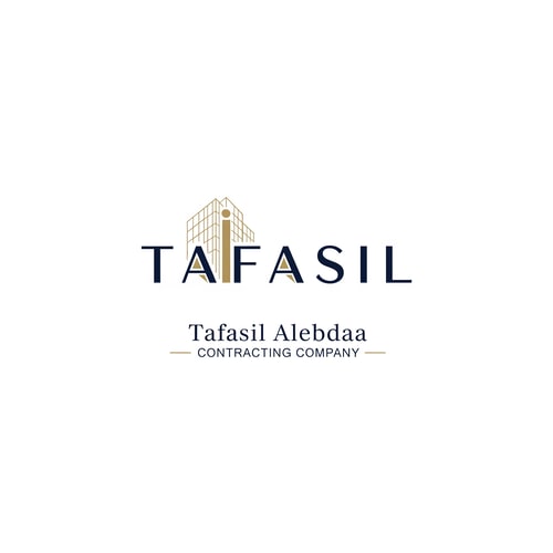 AI Design for Design a premium, minimal architectural logo on a pure white background.

Place the word “TAFASIL” clearly readable at the center, slightly smaller in size, with strong balance and refined proportions.
Use a clean, modern sans-serif typeface in deep navy blue.

Integrate one subtle architectural element only (a modern building silhouette or vertical façade lines) seamlessly into the logo—preferably replacing or merging with one letter (such as the “I” or at the end of the word).
The building element must be minimal, geometric, and elegant, using muted gold accents without overpowering the text.

Below the logo, center-aligned:

Tafasil Alebdaa in clean, refined typography

CONTRACTING COMPANY in smaller uppercase letters, with thin gold horizontal lines if needed

Overall style:
minimal, corporate, architecturally intelligent, balanced, timeless
Square format, high-end branding suitable for official use, uniforms, and company profiles.