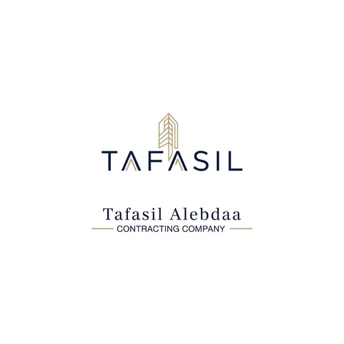 AI Design for Design a premium, minimal architectural logo on a pure white background.

Place the word “TAFASIL” clearly readable at the center, slightly smaller in size, with strong balance and refined proportions.
Use a clean, modern sans-serif typeface in deep navy blue.

Integrate one subtle architectural element only (a modern building silhouette or vertical façade lines) seamlessly into the logo—preferably replacing or merging with one letter (such as the “I” or at the end of the word).
The building element must be minimal, geometric, and elegant, using muted gold accents without overpowering the text.

Below the logo, center-aligned:

Tafasil Alebdaa in clean, refined typography

CONTRACTING COMPANY in smaller uppercase letters, with thin gold horizontal lines if needed

Overall style:
minimal, corporate, architecturally intelligent, balanced, timeless
Square format, high-end branding suitable for official use, uniforms, and company profiles.