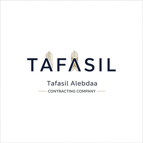 AI Design for Design a premium, minimal architectural logo on a pure white background.

Place the word “TAFASIL” clearly readable at the center (bold), slightly smaller in size, with strong balance and refined proportions.
Use a clean, modern sans-serif typeface in deep navy blue.

Integrate one subtle architectural element only (a modern building silhouette or vertical façade lines) seamlessly into the logo—preferably replacing or merging with one letter (such as the “I” or at the end of the word).
The building element must be minimal, geometric, and elegant, using muted gold accents without overpowering the text.

Below the logo, center-aligned:

Tafasil Alebdaa in clean, refined typography

CONTRACTING COMPANY in smaller uppercase letters, with thin gold horizontal lines if needed

Overall style:
minimal, corporate, architecturally intelligent, balanced, timeless
Square format, high-end branding suitable for official use, uniforms, and company profiles.