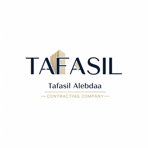 AI Design for Design a premium, minimalist corporate logo on a pure white background.

Center the word “TAFASIL” prominently and clearly, using a bold, modern sans-serif typeface in deep navy blue.
The lettering should be clean, confident, and highly readable, with generous spacing and refined proportions.

Incorporate one minimal architectural detail only as a supporting element—not dominant.
Use subtle vertical façade lines or a slim abstract building form integrated into a single letter (preferably the “I”) or placed discreetly at the end of the word.
The architectural element must feel understated, geometric, and elegant, highlighted with soft muted gold accents.

Below the main logo, center-aligned:

Tafasil Alebdaa in refined, lightweight typography

CONTRACTING COMPANY in smaller uppercase text, optionally framed with thin gold lines

Overall feel:
luxury corporate identity, calm, confident, architecturally inspired without being illustrative
balanced, timeless, high-end
square composition suitable for branding, uniforms, signage, and official documents