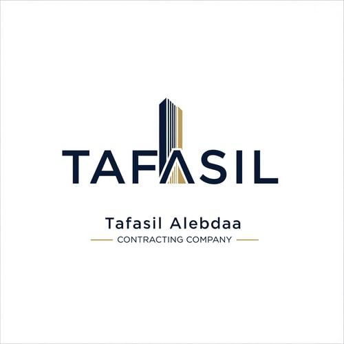 AI Design for Design a premium, minimal architectural logo on a pure white background.

Place the word “TAFASIL” clearly readable at the center (bold), slightly smaller in size, with strong balance and refined proportions.
Use a clean, modern sans-serif typeface in deep navy blue.

Integrate one subtle architectural element only (a modern building silhouette or vertical façade lines) seamlessly into the logo—preferably replacing or merging with one letter (such as the “I” or at the end of the word).
The building element must be minimal, geometric, and elegant, using muted gold accents without overpowering the text.

Below the logo, center-aligned:

Tafasil Alebdaa in clean, refined typography

CONTRACTING COMPANY in smaller uppercase letters, with thin gold horizontal lines if needed

Overall style:
minimal, corporate, architecturally intelligent, balanced, timeless
Square format, high-end branding suitable for official use, uniforms, and company profiles.