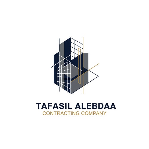 AI Design for A modern, geometric corporate logo for "Tafasil Alebdaa Contracting Company" — a clean, minimalist design with subtle architectural elements integrated into a strong, memorable mark, representing precision and innovation. The mark could subtly incorporate abstract building lines, a grid pattern, or structural linework that conveys engineering excellence. The typography should be bold, clear, and corporate, complementing the geometric mark. The chosen color palette will be a sophisticated blend of deep navy blue and charcoal gray with elegant gold accents to convey trust, reliability, and premium quality. The lighting will be even and professional, creating a clean and confident mood. The style will be modern geometric, inspired by architectural blueprints and technical drawings, but abstracted for a timeless and sophisticated appeal. The design will be well-structured and balanced, ensuring high-end appeal and excellent readability across all applications. Clean white background.