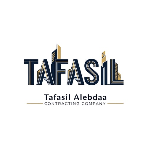 AI Design for Premium architectural logo design where the word "TAFASIL" itself forms the main logo, with each letter stylized as abstract, modern architectural structures and structural elements, maintaining readability and presented as a unified, closely integrated skyline with precise geometric lines, vertical emphasis, clean cuts, and subtle façade details. — Deep navy blue and muted gold color palette, balanced for trust, strength, and sophistication. — Elegant, modern, and professional lighting, conveying sophistication. — Architectural intelligence and corporate timelessness. — Below the wordmark: "Tafasil Alebdaa" in clean typography, followed by "CONTRACTING COMPANY" in smaller uppercase, optionally separated by thin horizontal gold lines. — Pure white background.