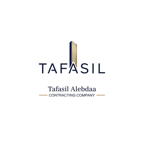AI Design for Design a premium, minimal architectural logo on a pure white background.

Place the word “TAFASIL” clearly readable at the center, slightly smaller in size, with strong balance and refined proportions.
Use a clean, modern sans-serif typeface in deep navy blue.

Integrate one subtle architectural element only (a modern building silhouette or vertical façade lines) seamlessly into the logo—preferably replacing or merging with one letter (such as the “I” or at the end of the word).
The building element must be minimal, geometric, and elegant, using muted gold accents without overpowering the text.

Below the logo, center-aligned:

Tafasil Alebdaa in clean, refined typography

CONTRACTING COMPANY in smaller uppercase letters, with thin gold horizontal lines if needed

Overall style:
minimal, corporate, architecturally intelligent, balanced, timeless
Square format, high-end branding suitable for official use, uniforms, and company profiles.