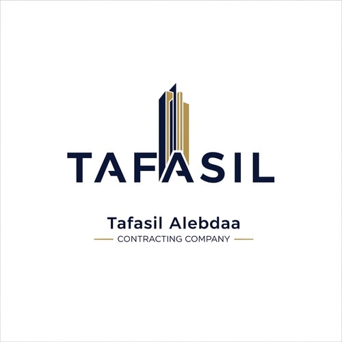 AI Design for Design a premium, minimal architectural logo on a pure white background.

Place the word “TAFASIL” clearly readable at the center (bold), slightly smaller in size, with strong balance and refined proportions.
Use a clean, modern sans-serif typeface in deep navy blue.

Integrate one subtle architectural element only (a modern building silhouette or vertical façade lines) seamlessly into the logo—preferably replacing or merging with one letter (such as the “I” or at the end of the word).
The building element must be minimal, geometric, and elegant, using muted gold accents without overpowering the text.

Below the logo, center-aligned:

Tafasil Alebdaa in clean, refined typography

CONTRACTING COMPANY in smaller uppercase letters, with thin gold horizontal lines if needed

Overall style:
minimal, corporate, architecturally intelligent, balanced, timeless
Square format, high-end branding suitable for official use, uniforms, and company profiles.