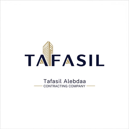 AI Design for Design a premium, minimal architectural logo on a pure white background.

Place the word “TAFASIL” clearly readable at the center (bold), slightly smaller in size, with strong balance and refined proportions.
Use a clean, modern sans-serif typeface in deep navy blue.

Integrate one subtle architectural element only (a modern building silhouette or vertical façade lines) seamlessly into the logo—preferably replacing or merging with one letter (such as the “I” or at the end of the word).
The building element must be minimal, geometric, and elegant, using muted gold accents without overpowering the text.

Below the logo, center-aligned:

Tafasil Alebdaa in clean, refined typography

CONTRACTING COMPANY in smaller uppercase letters, with thin gold horizontal lines if needed

Overall style:
minimal, corporate, architecturally intelligent, balanced, timeless
Square format, high-end branding suitable for official use, uniforms, and company profiles.
