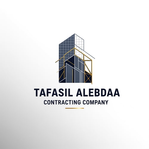 AI Design for A modern, geometric corporate logo for "Tafasil Alebdaa Contracting Company" — a clean, minimalist design with subtle architectural elements integrated into a strong, memorable mark, representing precision and innovation. The mark could subtly incorporate abstract building logo, lines, a grid pattern, or structural linework that conveys Building Bengineering excellence. The typography should be bold, clear, and corporate, complementing the geometric mark. The chosen color palette will be a sophisticated blend of deep navy blue and charcoal gray with elegant gold accents to convey trust, reliability, and premium quality. The lighting will be even and professional, creating a clean and confident mood. The style will be modern geometric, inspired by architectural blueprints and technical drawings, but abstracted for a timeless and sophisticated appeal. The design will be well-structured and balanced, ensuring high-end appeal and excellent readability across all applications. Clean white background.
