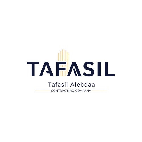 AI Design for Design a premium, minimalist corporate logo on a pure white background.

Center the word “TAFASIL” prominently and clearly, using a bold, modern sans-serif typeface in deep navy blue.
The lettering should be clean, confident, and highly readable, with generous spacing and refined proportions.

Incorporate one minimal architectural detail only as a supporting element—not dominant.
Use subtle vertical façade lines or a slim abstract building form integrated into a single letter (preferably the “I”) or placed discreetly at the end of the word.
The architectural element must feel understated, geometric, and elegant, highlighted with soft muted gold accents.

Below the main logo, center-aligned:

Tafasil Alebdaa in refined, lightweight typography

CONTRACTING COMPANY in smaller uppercase text, optionally framed with thin gold lines

Overall feel:
luxury corporate identity, calm, confident, architecturally inspired without being illustrative
balanced, timeless, high-end
square composition suitable for branding, uniforms, signage, and official documents