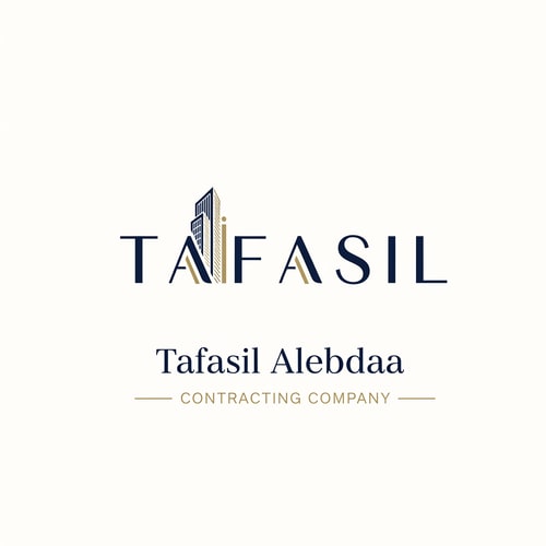 AI Design for Design a premium, minimal architectural logo on a pure white background.

Place the word “TAFASIL” clearly readable at the center, slightly smaller in size, with strong balance and refined proportions.
Use a clean, modern sans-serif typeface in deep navy blue.

Integrate one subtle architectural element only (a modern building silhouette or vertical façade lines) seamlessly into the logo—preferably replacing or merging with one letter (such as the “I” or at the end of the word).
The building element must be minimal, geometric, and elegant, using muted gold accents without overpowering the text.

Below the logo, center-aligned:

Tafasil Alebdaa in clean, refined typography

CONTRACTING COMPANY in smaller uppercase letters, with thin gold horizontal lines if needed

Overall style:
minimal, corporate, architecturally intelligent, balanced, timeless
Square format, high-end branding suitable for official use, uniforms, and company profiles.