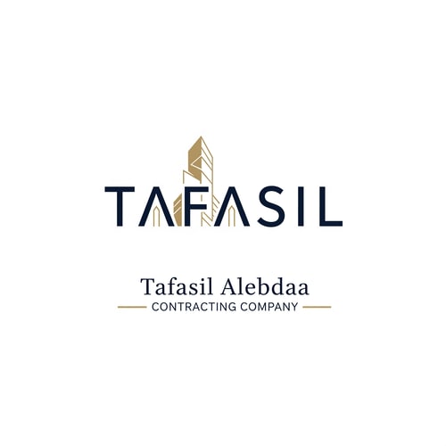 AI Design for Design a premium, minimal architectural logo on a pure white background.

Place the word “TAFASIL” clearly readable at the center (bold), slightly smaller in size, with strong balance and refined proportions.
Use a clean, modern sans-serif typeface in deep navy blue.

Integrate one subtle architectural element only (a modern building silhouette or vertical façade lines) seamlessly into the logo—preferably replacing or merging with one letter (such as the “I” or at the end of the word).
The building element must be minimal, geometric, and elegant, using muted gold accents without overpowering the text.

Below the logo, center-aligned:

Tafasil Alebdaa in clean, refined typography

CONTRACTING COMPANY in smaller uppercase letters, with thin gold horizontal lines if needed

Overall style:
minimal, corporate, architecturally intelligent, balanced, timeless
Square format, high-end branding suitable for official use, uniforms, and company profiles.
