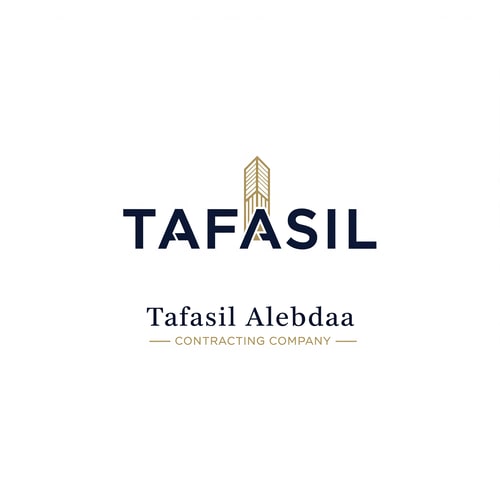AI Design for Design a premium, minimal architectural logo on a pure white background.

Place the word “TAFASIL” clearly readable at the center (bold), slightly smaller in size, with strong balance and refined proportions.
Use a clean, modern sans-serif typeface in deep navy blue.

Integrate one subtle architectural element only (a modern building silhouette or vertical façade lines) seamlessly into the logo—preferably replacing or merging with one letter (such as the “I” or at the end of the word).
The building element must be minimal, geometric, and elegant, using muted gold accents without overpowering the text.

Below the logo, center-aligned:

Tafasil Alebdaa in clean, refined typography

CONTRACTING COMPANY in smaller uppercase letters, with thin gold horizontal lines if needed

Overall style:
minimal, corporate, architecturally intelligent, balanced, timeless
Square format, high-end branding suitable for official use, uniforms, and company profiles.