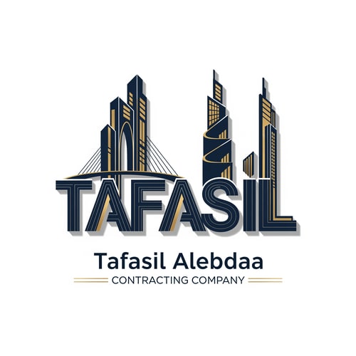 AI Design for Premium architectural logo design where the word "TAFASIL" itself forms the main logo, with each letter stylized as abstract, modern architectural structures and structural elements, maintaining readability and presented as a unified, closely integrated skyline with precise geometric lines, vertical emphasis, clean cuts, and subtle façade details. — Deep navy blue and muted gold color palette, balanced for trust, strength, and sophistication. — Elegant, modern, and professional lighting, conveying sophistication. — Architectural intelligence and corporate timelessness. — Below the wordmark: "Tafasil Alebdaa" in clean typography, followed by "CONTRACTING COMPANY" in smaller uppercase, optionally separated by thin horizontal gold lines. — Pure white background.