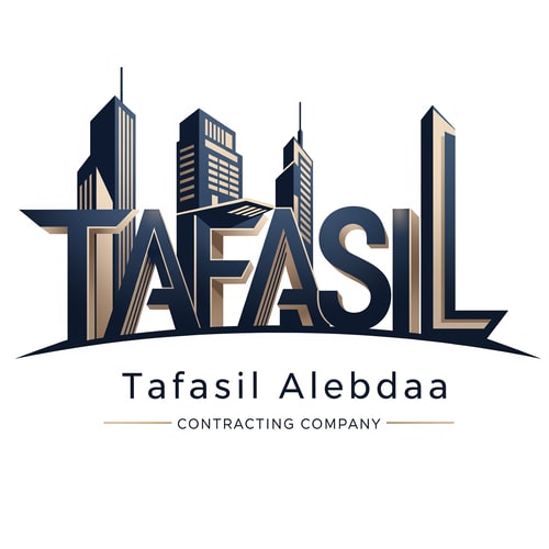 AI Design for Premium architectural logo design where the word "TAFASIL" itself forms the main logo, with each letter stylized as abstract, modern architectural structures and structural elements, maintaining readability and presented as a unified, closely integrated skyline with precise geometric lines, vertical emphasis, clean cuts, and subtle façade details. — Deep navy blue and muted gold color palette, balanced for trust, strength, and sophistication. — Elegant, modern, and professional lighting, conveying sophistication. — Architectural intelligence and corporate timelessness. — Below the wordmark: "Tafasil Alebdaa" in clean typography, followed by "CONTRACTING COMPANY" in smaller uppercase, optionally separated by thin horizontal gold lines. — Pure white background.