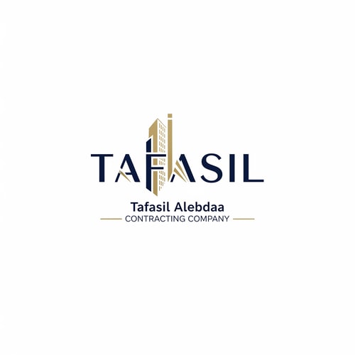 AI Design for Design a premium, minimal architectural logo on a pure white background.

Place the word “TAFASIL” clearly readable at the center, slightly smaller in size, with strong balance and refined proportions.
Use a clean, modern sans-serif typeface in deep navy blue.

Integrate one subtle architectural element only (a modern building silhouette or vertical façade lines) seamlessly into the logo—preferably replacing or merging with one letter (such as the “I” or at the end of the word).
The building element must be minimal, geometric, and elegant, using muted gold accents without overpowering the text.

Below the logo, center-aligned:

Tafasil Alebdaa in clean, refined typography

CONTRACTING COMPANY in smaller uppercase letters, with thin gold horizontal lines if needed

Overall style:
minimal, corporate, architecturally intelligent, balanced, timeless
Square format, high-end branding suitable for official use, uniforms, and company profiles.