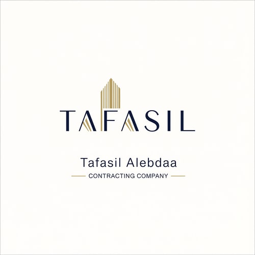 AI Design for Design a premium, minimal architectural logo on a pure white background.

Place the word “TAFASIL” clearly readable at the center, slightly smaller in size, with strong balance and refined proportions.
Use a clean, modern sans-serif typeface in deep navy blue.

Integrate one subtle architectural element only (a modern building silhouette or vertical façade lines) seamlessly into the logo—preferably replacing or merging with one letter (such as the “I” or at the end of the word).
The building element must be minimal, geometric, and elegant, using muted gold accents without overpowering the text.

Below the logo, center-aligned:

Tafasil Alebdaa in clean, refined typography

CONTRACTING COMPANY in smaller uppercase letters, with thin gold horizontal lines if needed

Overall style:
minimal, corporate, architecturally intelligent, balanced, timeless
Square format, high-end branding suitable for official use, uniforms, and company profiles.