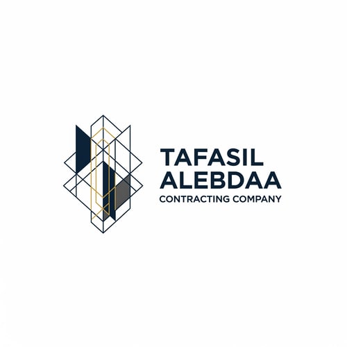 AI Design for A modern, geometric corporate logo for "Tafasil Alebdaa Contracting Company" — a clean, minimalist design with subtle architectural elements integrated into a strong, memorable mark, representing precision and innovation. The mark could subtly incorporate abstract building lines, a grid pattern, or structural linework that conveys engineering excellence. The typography should be bold, clear, and corporate, complementing the geometric mark. The chosen color palette will be a sophisticated blend of deep navy blue and charcoal gray with elegant gold accents to convey trust, reliability, and premium quality. The lighting will be even and professional, creating a clean and confident mood. The style will be modern geometric, inspired by architectural blueprints and technical drawings, but abstracted for a timeless and sophisticated appeal. The design will be well-structured and balanced, ensuring high-end appeal and excellent readability across all applications. Clean white background.
