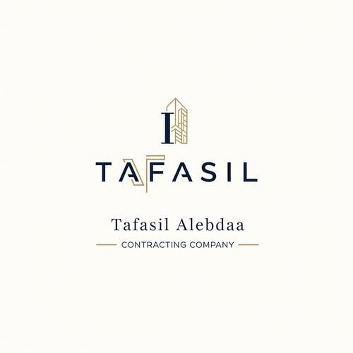 AI Design for Design a premium, minimal architectural logo on a pure white background.

Place the word “TAFASIL” clearly readable at the center, slightly smaller in size, with strong balance and refined proportions.
Use a clean, modern sans-serif typeface in deep navy blue.

Integrate one subtle architectural element only (a modern building silhouette or vertical façade lines) seamlessly into the logo—preferably replacing or merging with one letter (such as the “I” or at the end of the word).
The building element must be minimal, geometric, and elegant, using muted gold accents without overpowering the text.

Below the logo, center-aligned:

Tafasil Alebdaa in clean, refined typography

CONTRACTING COMPANY in smaller uppercase letters, with thin gold horizontal lines if needed

Overall style:
minimal, corporate, architecturally intelligent, balanced, timeless
Square format, high-end branding suitable for official use, uniforms, and company profiles.