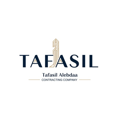 AI Design for Design a premium, minimalist corporate logo on a pure white background.

Center the word “TAFASIL” prominently and clearly, using a bold, modern sans-serif typeface in deep navy blue.
The lettering should be clean, confident, and highly readable, with generous spacing and refined proportions.

Incorporate one minimal architectural detail only as a supporting element—not dominant.
Use subtle vertical façade lines or a slim abstract building form integrated into a single letter (preferably the “I”) or placed discreetly at the end of the word.
The architectural element must feel understated, geometric, and elegant, highlighted with soft muted gold accents.

Below the main logo, center-aligned:

Tafasil Alebdaa in refined, lightweight typography

CONTRACTING COMPANY in smaller uppercase text, optionally framed with thin gold lines

Overall feel:
luxury corporate identity, calm, confident, architecturally inspired without being illustrative
balanced, timeless, high-end
square composition suitable for branding, uniforms, signage, and official documents