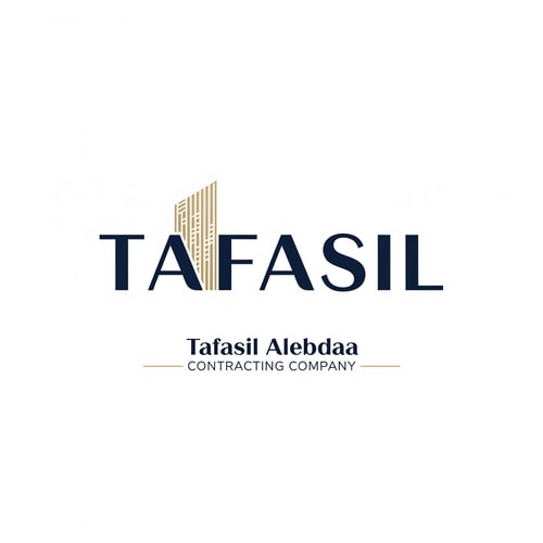AI Design for Design a premium, minimalist corporate logo on a pure white background.

Center the word “TAFASIL” prominently and clearly, using a bold, modern sans-serif typeface in deep navy blue.
The lettering should be clean, confident, and highly readable, with generous spacing and refined proportions.

Incorporate one minimal architectural detail only as a supporting element—not dominant.
Use subtle vertical façade lines or a slim abstract building form integrated into a single letter (preferably the “I”) or placed discreetly at the end of the word.
The architectural element must feel understated, geometric, and elegant, highlighted with soft muted gold accents.

Below the main logo, center-aligned:

Tafasil Alebdaa in refined, lightweight typography

CONTRACTING COMPANY in smaller uppercase text, optionally framed with thin gold lines

Overall feel:
luxury corporate identity, calm, confident, architecturally inspired without being illustrative
balanced, timeless, high-end
square composition suitable for branding, uniforms, signage, and official documents