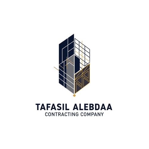 AI Design for A modern, geometric corporate logo for "Tafasil Alebdaa Contracting Company" — a clean, minimalist design with subtle architectural elements integrated into a strong, memorable mark, representing precision and innovation. The mark could subtly incorporate abstract building lines, a grid pattern, or structural linework that conveys engineering excellence. The typography should be bold, clear, and corporate, complementing the geometric mark. The chosen color palette will be a sophisticated blend of deep navy blue and charcoal gray with elegant gold accents to convey trust, reliability, and premium quality. The lighting will be even and professional, creating a clean and confident mood. The style will be modern geometric, inspired by architectural blueprints and technical drawings, but abstracted for a timeless and sophisticated appeal. The design will be well-structured and balanced, ensuring high-end appeal and excellent readability across all applications. Clean white background.