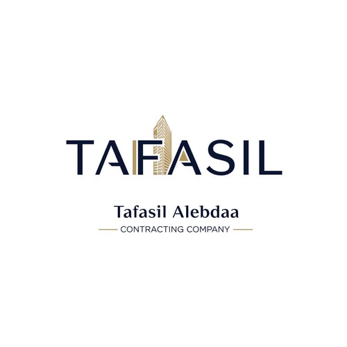 AI Design for Design a premium, minimal architectural logo on a pure white background.

Place the word “TAFASIL” clearly readable at the center (bold), slightly smaller in size, with strong balance and refined proportions.
Use a clean, modern sans-serif typeface in deep navy blue.

Integrate one subtle architectural element only (a modern building silhouette or vertical façade lines) seamlessly into the logo—preferably replacing or merging with one letter (such as the “I” or at the end of the word).
The building element must be minimal, geometric, and elegant, using muted gold accents without overpowering the text.

Below the logo, center-aligned:

Tafasil Alebdaa in clean, refined typography

CONTRACTING COMPANY in smaller uppercase letters, with thin gold horizontal lines if needed

Overall style:
minimal, corporate, architecturally intelligent, balanced, timeless
Square format, high-end branding suitable for official use, uniforms, and company profiles.