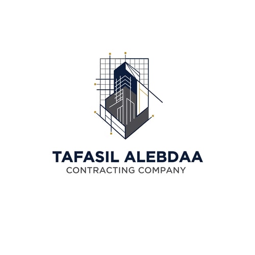 AI Design for A modern, geometric corporate logo for "Tafasil Alebdaa Contracting Company" — a clean, minimalist design with subtle architectural elements integrated into a strong, memorable mark, representing precision and innovation. The mark could subtly incorporate abstract building logo, lines, a grid pattern, or structural linework that conveys Building Bengineering excellence. The typography should be bold, clear, and corporate, complementing the geometric mark. The chosen color palette will be a sophisticated blend of deep navy blue and charcoal gray with elegant gold accents to convey trust, reliability, and premium quality. The lighting will be even and professional, creating a clean and confident mood. The style will be modern geometric, inspired by architectural blueprints and technical drawings, but abstracted for a timeless and sophisticated appeal. The design will be well-structured and balanced, ensuring high-end appeal and excellent readability across all applications. Clean white background.