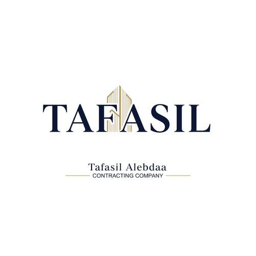 AI Design for Design a premium, minimalist corporate logo on a pure white background.

Center the word “TAFASIL” prominently and clearly, using a bold, modern sans-serif typeface in deep navy blue.
The lettering should be clean, confident, and highly readable, with generous spacing and refined proportions.

Incorporate one minimal architectural detail only as a supporting element—not dominant.
Use subtle vertical façade lines or a slim abstract building form integrated into a single letter (preferably the “I”) or placed discreetly at the end of the word.
The architectural element must feel understated, geometric, and elegant, highlighted with soft muted gold accents.

Below the main logo, center-aligned:

Tafasil Alebdaa in refined, lightweight typography

CONTRACTING COMPANY in smaller uppercase text, optionally framed with thin gold lines

Overall feel:
luxury corporate identity, calm, confident, architecturally inspired without being illustrative
balanced, timeless, high-end
square composition suitable for branding, uniforms, signage, and official documents