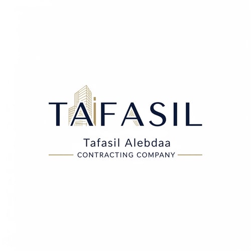 AI Design for Design a premium, minimal architectural logo on a pure white background.

Place the word “TAFASIL” clearly readable at the center, slightly smaller in size, with strong balance and refined proportions.
Use a clean, modern sans-serif typeface in deep navy blue.

Integrate one subtle architectural element only (a modern building silhouette or vertical façade lines) seamlessly into the logo—preferably replacing or merging with one letter (such as the “I” or at the end of the word).
The building element must be minimal, geometric, and elegant, using muted gold accents without overpowering the text.

Below the logo, center-aligned:

Tafasil Alebdaa in clean, refined typography

CONTRACTING COMPANY in smaller uppercase letters, with thin gold horizontal lines if needed

Overall style:
minimal, corporate, architecturally intelligent, balanced, timeless
Square format, high-end branding suitable for official use, uniforms, and company profiles.