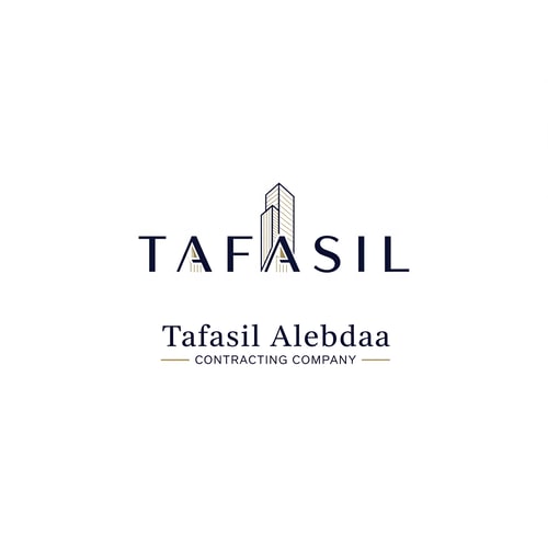 AI Design for Design a premium, minimal architectural logo on a pure white background.

Place the word “TAFASIL” clearly readable at the center, slightly smaller in size, with strong balance and refined proportions.
Use a clean, modern sans-serif typeface in deep navy blue.

Integrate one subtle architectural element only (a modern building silhouette or vertical façade lines) seamlessly into the logo—preferably replacing or merging with one letter (such as the “I” or at the end of the word).
The building element must be minimal, geometric, and elegant, using muted gold accents without overpowering the text.

Below the logo, center-aligned:

Tafasil Alebdaa in clean, refined typography

CONTRACTING COMPANY in smaller uppercase letters, with thin gold horizontal lines if needed

Overall style:
minimal, corporate, architecturally intelligent, balanced, timeless
Square format, high-end branding suitable for official use, uniforms, and company profiles.