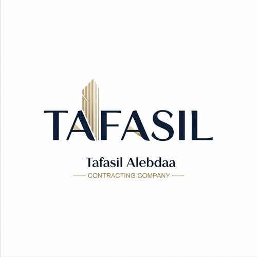 AI Design for Design a premium, minimalist corporate logo on a pure white background.

Center the word “TAFASIL” prominently and clearly, using a bold, modern sans-serif typeface in deep navy blue.
The lettering should be clean, confident, and highly readable, with generous spacing and refined proportions.

Incorporate one minimal architectural detail only as a supporting element—not dominant.
Use subtle vertical façade lines or a slim abstract building form integrated into a single letter (preferably the “I”) or placed discreetly at the end of the word.
The architectural element must feel understated, geometric, and elegant, highlighted with soft muted gold accents.

Below the main logo, center-aligned:

Tafasil Alebdaa in refined, lightweight typography

CONTRACTING COMPANY in smaller uppercase text, optionally framed with thin gold lines

Overall feel:
luxury corporate identity, calm, confident, architecturally inspired without being illustrative
balanced, timeless, high-end
square composition suitable for branding, uniforms, signage, and official documents