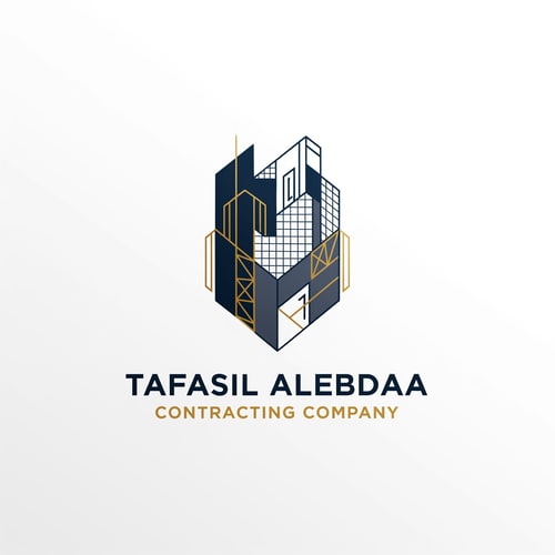 AI Design for A modern, geometric corporate logo for "Tafasil Alebdaa Contracting Company" — a clean, minimalist design with subtle architectural elements integrated into a strong, memorable mark, representing precision and innovation. The mark could subtly incorporate abstract building lines, a grid pattern, or structural linework that conveys engineering excellence. The typography should be bold, clear, and corporate, complementing the geometric mark. The chosen color palette will be a sophisticated blend of deep navy blue and charcoal gray with elegant gold accents to convey trust, reliability, and premium quality. The lighting will be even and professional, creating a clean and confident mood. The style will be modern geometric, inspired by architectural blueprints and technical drawings, but abstracted for a timeless and sophisticated appeal. The design will be well-structured and balanced, ensuring high-end appeal and excellent readability across all applications. Clean white background.