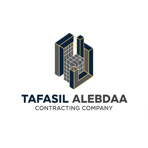 AI Design for A modern, geometric corporate logo for "Tafasil Alebdaa Contracting Company" — a clean, minimalist design with subtle architectural elements integrated into a strong, memorable mark, representing precision and innovation. The mark could subtly incorporate abstract building lines, a grid pattern, or structural linework that conveys engineering excellence. The typography should be bold, clear, and corporate, complementing the geometric mark. The chosen color palette will be a sophisticated blend of deep navy blue and charcoal gray with elegant gold accents to convey trust, reliability, and premium quality. The lighting will be even and professional, creating a clean and confident mood. The style will be modern geometric, inspired by architectural blueprints and technical drawings, but abstracted for a timeless and sophisticated appeal. The design will be well-structured and balanced, ensuring high-end appeal and excellent readability across all applications. Clean white background.