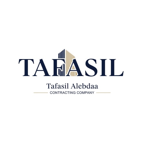 AI Design for Design a premium, minimalist corporate logo on a pure white background.

Center the word “TAFASIL” prominently and clearly, using a bold, modern sans-serif typeface in deep navy blue.
The lettering should be clean, confident, and highly readable, with generous spacing and refined proportions.

Incorporate one minimal architectural detail only as a supporting element—not dominant.
Use subtle vertical façade lines or a slim abstract building form integrated into a single letter (preferably the “I”) or placed discreetly at the end of the word.
The architectural element must feel understated, geometric, and elegant, highlighted with soft muted gold accents.

Below the main logo, center-aligned:

Tafasil Alebdaa in refined, lightweight typography

CONTRACTING COMPANY in smaller uppercase text, optionally framed with thin gold lines

Overall feel:
luxury corporate identity, calm, confident, architecturally inspired without being illustrative
balanced, timeless, high-end
square composition suitable for branding, uniforms, signage, and official documents