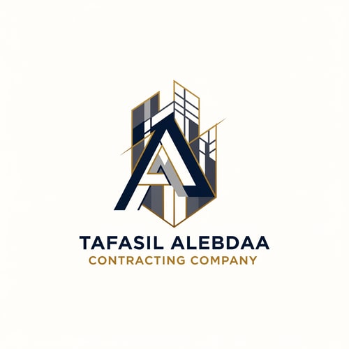 AI Design for A modern, geometric corporate logo for "Tafasil Alebdaa Contracting Company" — a clean, minimalist design with subtle architectural elements integrated into a strong, memorable mark, representing precision and innovation. The mark could subtly incorporate abstract building logo, lines, a grid pattern, or structural linework that conveys Building Bengineering excellence. The typography should be bold, clear, and corporate, complementing the geometric mark. The chosen color palette will be a sophisticated blend of deep navy blue and charcoal gray with elegant gold accents to convey trust, reliability, and premium quality. The lighting will be even and professional, creating a clean and confident mood. The style will be modern geometric, inspired by architectural blueprints and technical drawings, but abstracted for a timeless and sophisticated appeal. The design will be well-structured and balanced, ensuring high-end appeal and excellent readability across all applications. Clean white background.