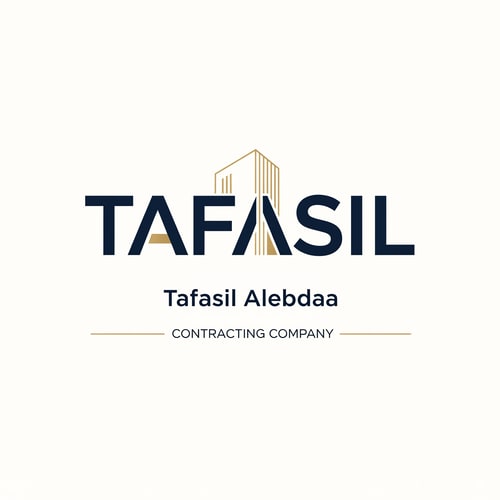 AI Design for Design a premium, minimalist corporate logo on a pure white background.

Center the word “TAFASIL” prominently and clearly, using a bold, modern sans-serif typeface in deep navy blue.
The lettering should be clean, confident, and highly readable, with generous spacing and refined proportions.

Incorporate one minimal architectural detail only as a supporting element—not dominant.
Use subtle vertical façade lines or a slim abstract building form integrated into a single letter (preferably the “I”) or placed discreetly at the end of the word.
The architectural element must feel understated, geometric, and elegant, highlighted with soft muted gold accents.

Below the main logo, center-aligned:

Tafasil Alebdaa in refined, lightweight typography

CONTRACTING COMPANY in smaller uppercase text, optionally framed with thin gold lines

Overall feel:
luxury corporate identity, calm, confident, architecturally inspired without being illustrative
balanced, timeless, high-end
square composition suitable for branding, uniforms, signage, and official documents