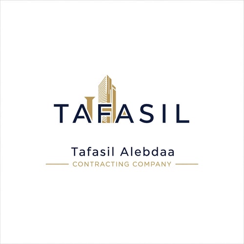 AI Design for Design a premium, minimal architectural logo on a pure white background.

Place the word “TAFASIL” clearly readable at the center, slightly smaller in size, with strong balance and refined proportions.
Use a clean, modern sans-serif typeface in deep navy blue.

Integrate one subtle architectural element only (a modern building silhouette or vertical façade lines) seamlessly into the logo—preferably replacing or merging with one letter (such as the “I” or at the end of the word).
The building element must be minimal, geometric, and elegant, using muted gold accents without overpowering the text.

Below the logo, center-aligned:

Tafasil Alebdaa in clean, refined typography

CONTRACTING COMPANY in smaller uppercase letters, with thin gold horizontal lines if needed

Overall style:
minimal, corporate, architecturally intelligent, balanced, timeless
Square format, high-end branding suitable for official use, uniforms, and company profiles.