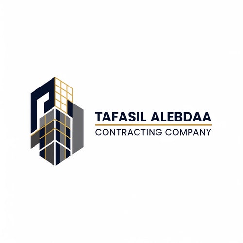 AI Design for A modern, geometric corporate logo for "Tafasil Alebdaa Contracting Company" — a clean, minimalist design with subtle architectural elements integrated into a strong, memorable mark, representing precision and innovation. The mark could subtly incorporate abstract building lines, a grid pattern, or structural linework that conveys engineering excellence. The typography should be bold, clear, and corporate, complementing the geometric mark. The chosen color palette will be a sophisticated blend of deep navy blue and charcoal gray with elegant gold accents to convey trust, reliability, and premium quality. The lighting will be even and professional, creating a clean and confident mood. The style will be modern geometric, inspired by architectural blueprints and technical drawings, but abstracted for a timeless and sophisticated appeal. The design will be well-structured and balanced, ensuring high-end appeal and excellent readability across all applications. Clean white background.