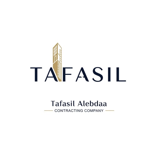 AI Design for Design a premium, minimal architectural logo on a pure white background.

Place the word “TAFASIL” clearly readable at the center, slightly smaller in size, with strong balance and refined proportions.
Use a clean, modern sans-serif typeface in deep navy blue.

Integrate one subtle architectural element only (a modern building silhouette or vertical façade lines) seamlessly into the logo—preferably replacing or merging with one letter (such as the “I” or at the end of the word).
The building element must be minimal, geometric, and elegant, using muted gold accents without overpowering the text.

Below the logo, center-aligned:

Tafasil Alebdaa in clean, refined typography

CONTRACTING COMPANY in smaller uppercase letters, with thin gold horizontal lines if needed

Overall style:
minimal, corporate, architecturally intelligent, balanced, timeless
Square format, high-end branding suitable for official use, uniforms, and company profiles.