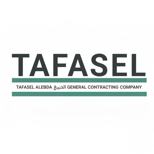 AI Design for Minimalist and professional corporate logo for a general contracting company. The main focus is the word "TAFASEL" in a bold, wide, modern sans-serif typeface in dark charcoal gray. Below the text is a thick, solid horizontal divider line in a muted teal-green color. Underneath the line, two rows of smaller subtext are centered: the first row is clean Arabic typography "شركة تفاصيل الإبداع للمقاولات العامة", and the second row is the English text "TAFASEL ALEBDA GENERAL CONTRACTING COMPANY" in a condensed, uppercase font matching the teal color. The design is clean, flat vector, centered on a solid white background, emphasizing stability, precision, and modern architectural identity. High resolution, 4k, sharp edges.