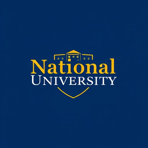 AI Design for college school logo with name inside "National University" with gold and blue style