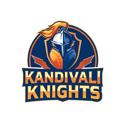 AI Design for Pictorial for a tennis cricket team named "Kandivali Knights": A stylized cricket ball with a glowing aura, symbolizing speed and power, intertwined with a knight's helmet crest. Orange, deep blue, and gold, reflecting dynamism and royalty. Bold, modern sans-serif font for "Kandivali Knights" with a slight metallic sheen. Design inspired by dynamic sports logos and medieval heraldry, with clean lines and sharp edges. Visual execution should be high-contrast and impactful, with subtle texture on the knight's helmet. Circular badge background.