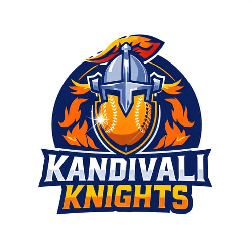AI Design for Pictorial for a tennis cricket team named "Kandivali Knights": A stylized cricket ball with a glowing aura, symbolizing speed and power, intertwined with a knight's helmet crest. Orange, deep blue, and gold, reflecting dynamism and royalty. Bold, modern sans-serif font for "Kandivali Knights" with a slight metallic sheen. Design inspired by dynamic sports logos and medieval heraldry, with clean lines and sharp edges. Visual execution should be high-contrast and impactful, with subtle texture on the knight's helmet. Circular badge background.