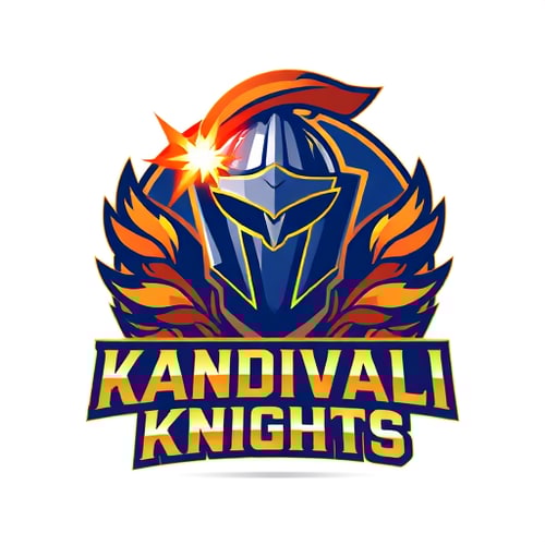 AI Design for Pictorial for a tennis cricket team named "Kandivali Knights": A stylized cricket ball with a glowing aura, symbolizing speed and power, intertwined with a knight's helmet crest. Orange, deep blue, and gold, reflecting dynamism and royalty. Bold, modern sans-serif font for "Kandivali Knights" with a slight metallic sheen. Design inspired by dynamic sports logos and medieval heraldry, with clean lines and sharp edges. Visual execution should be high-contrast and impactful, with subtle texture on the knight's helmet. Circular badge background.