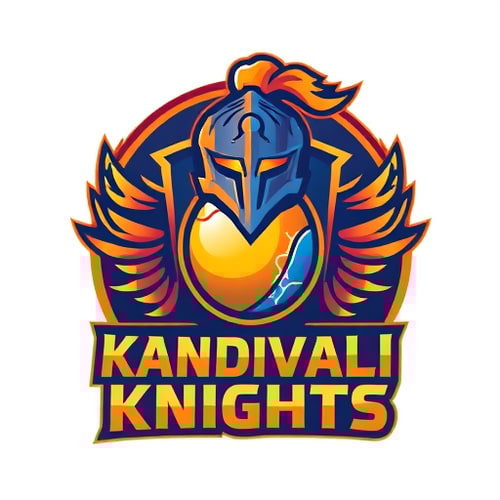 AI Design for Pictorial for a tennis cricket team named "Kandivali Knights": A stylized cricket ball with a glowing aura, symbolizing speed and power, intertwined with a knight's helmet crest. Orange, deep blue, and gold, reflecting dynamism and royalty. Bold, modern sans-serif font for "Kandivali Knights" with a slight metallic sheen. Design inspired by dynamic sports logos and medieval heraldry, with clean lines and sharp edges. Visual execution should be high-contrast and impactful, with subtle texture on the knight's helmet. Circular badge background.
