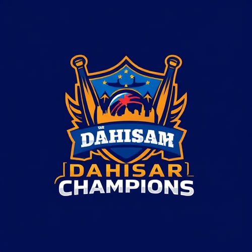 AI Design for Pictorial logo for a cricket team named "Dahisar Champions": A stylized bat and ball forming a shield, with a subtle outline of the Dahisar skyline integrated into the design, signifying local pride and championship spirit, Royal blue, gold, and white, Bold sans-serif font for "Dahisar Champions" with a slight metallic sheen, Modern, dynamic, and aspirational design, Incorporate sharp lines and energetic curves, with a subtle gradient on the gold elements, Solid navy blue background.