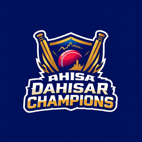 AI Design for Pictorial logo for a cricket team named "Dahisar Champions": A stylized bat and ball forming a shield, with a subtle outline of the Dahisar skyline integrated into the design, signifying local pride and championship spirit, Royal blue, gold, and white, Bold sans-serif font for "Dahisar Champions" with a slight metallic sheen, Modern, dynamic, and aspirational design, Incorporate sharp lines and energetic curves, with a subtle gradient on the gold elements, Solid navy blue background.