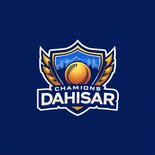 AI Design for Pictorial logo for a cricket team named "Dahisar Champions": A stylized bat and ball forming a shield, with a subtle outline of the Dahisar skyline integrated into the design, signifying local pride and championship spirit, Royal blue, gold, and white, Bold sans-serif font for "Dahisar Champions" with a slight metallic sheen, Modern, dynamic, and aspirational design, Incorporate sharp lines and energetic curves, with a subtle gradient on the gold elements, Solid navy blue background.